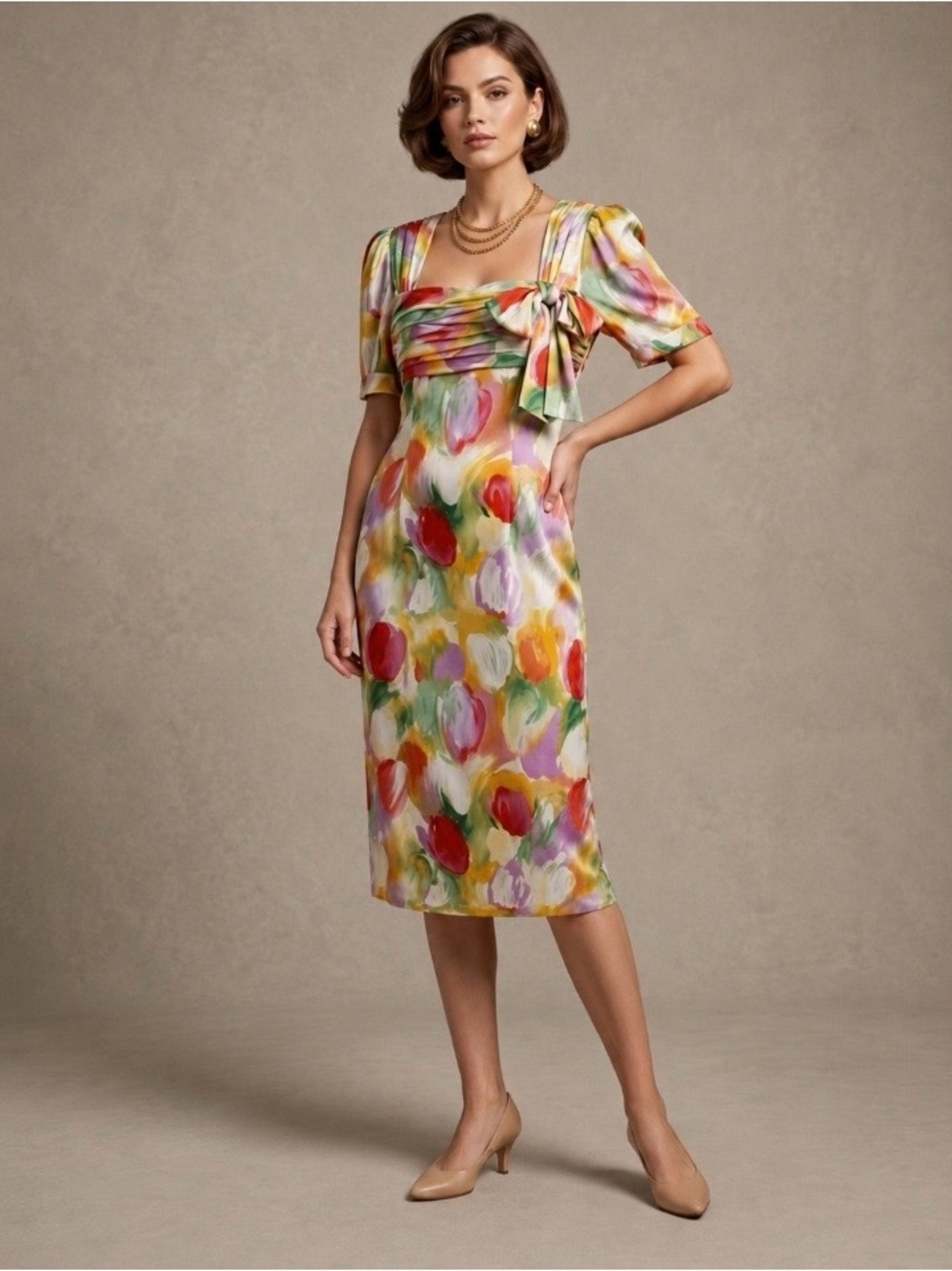 Vintage 1980s LOUIS FERAUD Tulip Floral Dress NEW Size US 12, UK 16